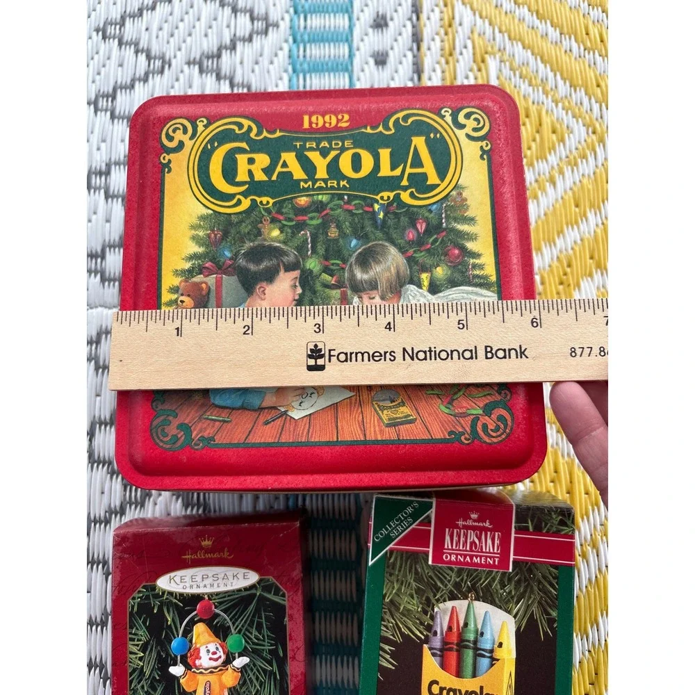 Vintage Crayola 1992 Holiday Tin & Hallmark Keepsake Ornaments 1989 1991 Clown